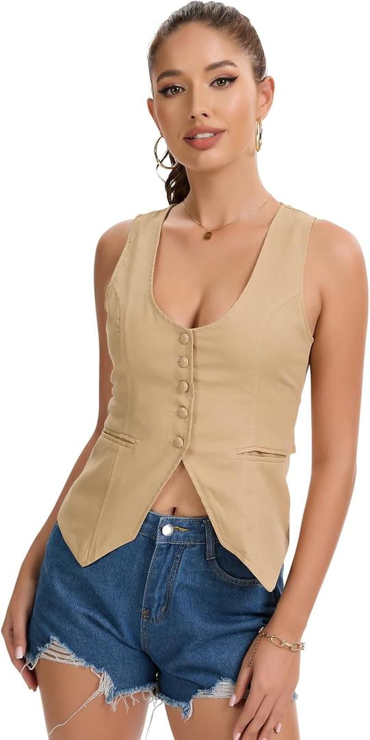 Womens Casual Scoop Neck Vest Summer Sleeveless Fitted Waistcoat Suit Button Down Business Crop Tops (S)