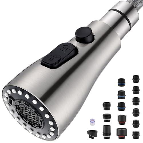 Metal Kitchen Faucet Head Replacement – 3 Mode High-Pressure Sink Sprayer Replacement with 15 Nozzle Adapters, Durable Pull Down Spray Head for Kitchen Sink (Stream/Spray/Blade), Stainless Steel