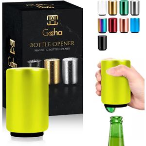 GOCHA | Magnetic Bottle Opener with Automatic Cap Catcher | Premium Stainless Steel Beer & Soda Bottle Opener | Push & Pull Design | Portable Bar Accessory (Yellow)