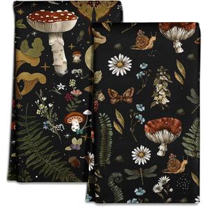Microfiber Kitchen Towels - Set of 2 Dish Towels for Kitchen 18 x 26 Inch Home Decoration Black Mushroom Cute Spring Hand Towels Soft & Absorbent Aesthetic Design
