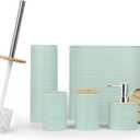Bathroom Accessories Bath Set of 6, Toothbrush Holder, Soap Dispenser, Trash Can, Soap Dish, Toothbrush Cup and Toilet Brush Holder, Green (Green-bamboo Lid)