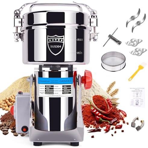 1000g Electric Grain Mill Grinder, 304 Stainless Steel Flour Mill, 3000W High Speed Spice Grinder, Electric Grain Mill for Dry Wheat, Oats, Corn, Pepper and Coffee Beans