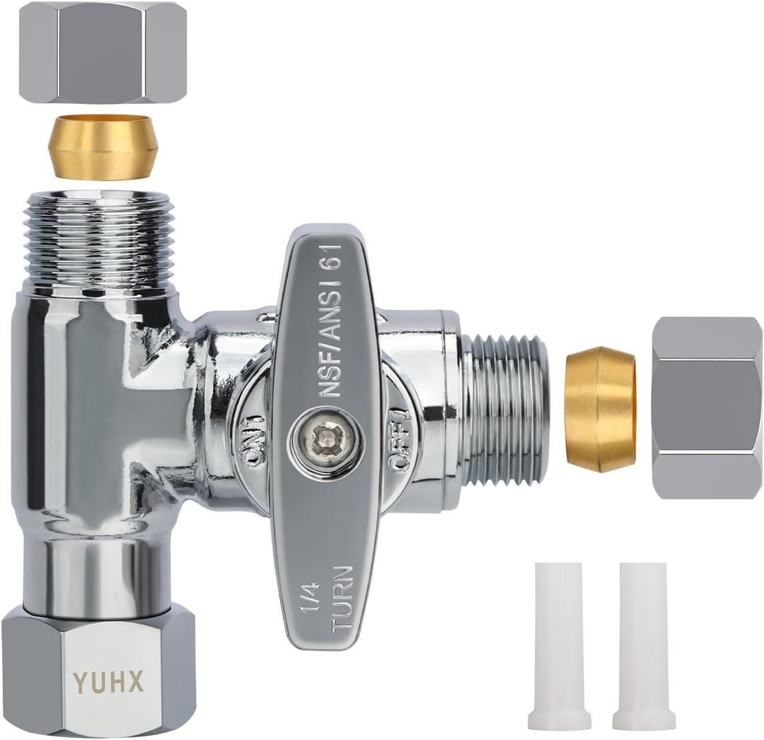 Brass Angle Stop Add-A-Tee Valve,3/8 x 3/8" x 3/8 Compression Water Splitter