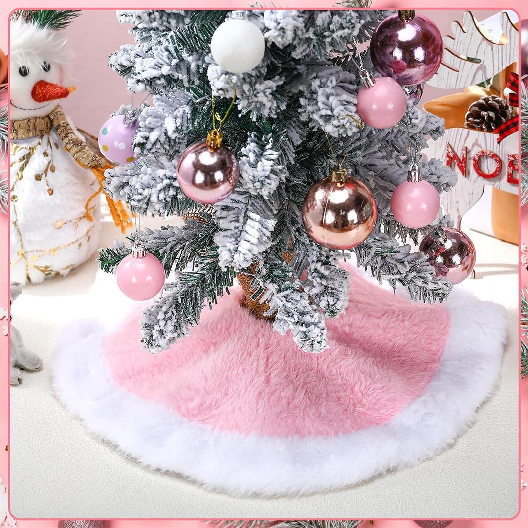 Civaner 3 Pack Faux Fur Mini Winter Tree Plush Skirt Pink with White Plush Tree Mat 15 Inches Skirt for Winter Holiday Party Indoor Outdoor Home Decoration