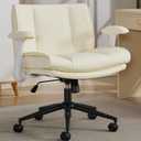 Criss Cross Chair with Flip-Up Armrests Leather, Cross Legged Office Chair on Wheels, Comfy Swivel Chair with Wide Seat for Home Office, Vanity, Accent, Ergonomic Desk Chair Adjustable, Beige