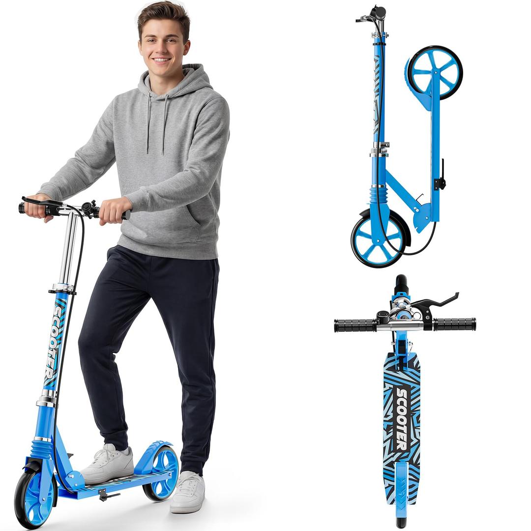 Scooters for Kids 8-12, Teens & Adults - Load 240 LBS, 8-Inch Wheels, Kick Scooter with Shock Absorption System, Hand Brake & Bell, 4 Adjustable Height Levels, Perfect for School, Commuting or Park