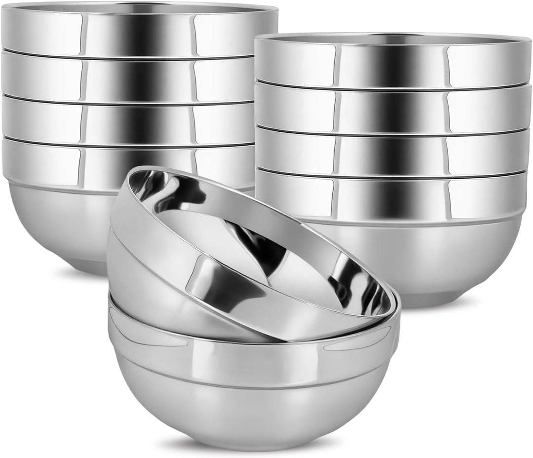 10pcs 304stainless Steel Kids Bowls, 5inches 15 Ounce Stainless Steel Kids Bowls,Double-Walled Metal Serving Dishes Uses For Sauces, Rice, Noodle, Ice Cream, 5-inch diameter, 2.5-inch height