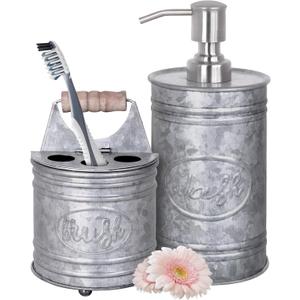 Autumn Alley Rustic Bathroom Accessories Set - Farmhouse Bathroom Soap Dispenser and Toothbrush Holder Set - Western Bathroom Accessories, Farmhouse Decor for Bathroom Countertop, Galvanized Grey