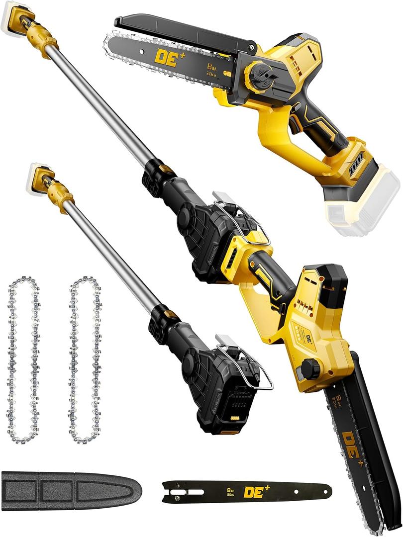 DeForce 2-in-1 Cordless Electric Pole Saw, for DeWalt 20V Max Battery, Brushless 8" Mini Chainsaw for Tree Trimming, Battery Powered Pole Saw, 16 ft Max Reach, with Extension Pole(Bare Tool Only) (Yellow)