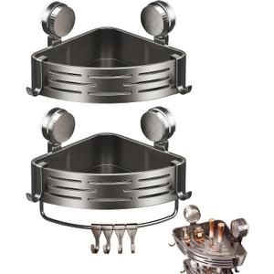 2-Tier Suction Cup Shower Caddy,No Drilling Required,Shower Suction Shelf,For Kitchen, Bathroom,Storage Rack With 8 Hooks And 1 Towel Bar Gray