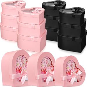 Resurhang 12 Pcs Mother's Day Heart Shaped Boxes for Flower Arrangements Heart Gift Box with Transparent Window Lids for Mom Bridesmaid Proposal Wedding Birthday, 3 Sizes(Black, Pink)