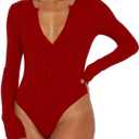 INFITTY Women Bodysuit Sexy Deep V Neck Button Down Long Sleeve Top 2026 Trendy Thong Body Suits Outfits for Going Out (S)
