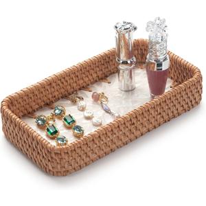YANGQIHOME Jewelry Tray, Rattan Jewelry Organizer with White Leaf Base  Decorative Jewelry Organizer Dish for Rings, Watches, Keys  Ideal for Bedroom, Living Room, Entryway, Natural