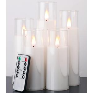 Amagic Pure White Flameless Candles, Battery Operated Candles, Acrylic Flickering LED Pillar Candles with Remote Control and Timer, 3D Wick, Yellow and Blue Glow, D2.2 xH5 5" 6" 7" 8", Set of 5 (Pure White & YellowBlue Light)