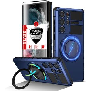Samsung Galaxy S22 Ultra Case Magnetic Compatible with MagSafe Wireless Charging,with 1 Screen Protector,Built-in 360Kickstand Ring Military Grade Shockproof Heavy Duty Protection Blue