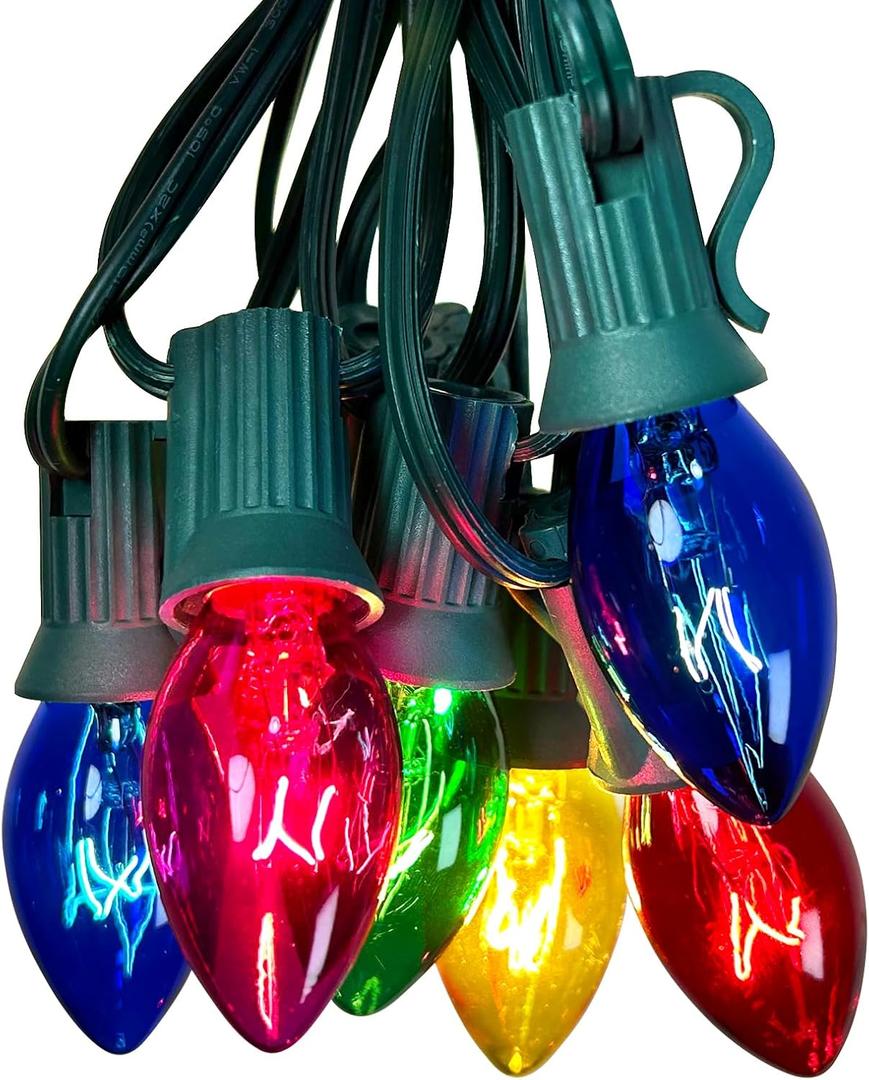 Christmas Lights 25FT, C7 Vintage Christmas String Lights with 27 Clear Multicolor Ceramic Bulbs, Hanging Outdoor & Indoor String Lights for Christmas Decor (Green Wire) (Multicolor)