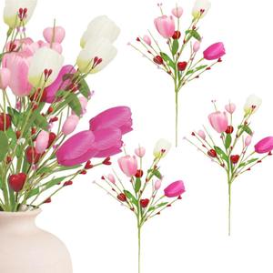 Wootkey 4Pcs Artificial Tulips Twigs Mother's Gift Decorations Pink Tulip Berry Stems for Easter Day Anniversary Flower Bouquets Wedding Home Decor