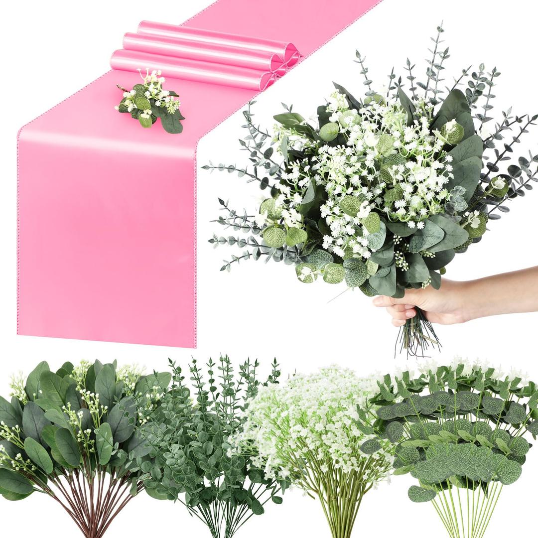 Zeyune 12 Pcs Pink Satin Table Runners With120 Pcs Artificial Eucalyptus Leaves Stems for DIY Wedding Baby Shower Table Decor 12'' x 108'' Tables Runners for Boho Party Home Engagement Party Decor