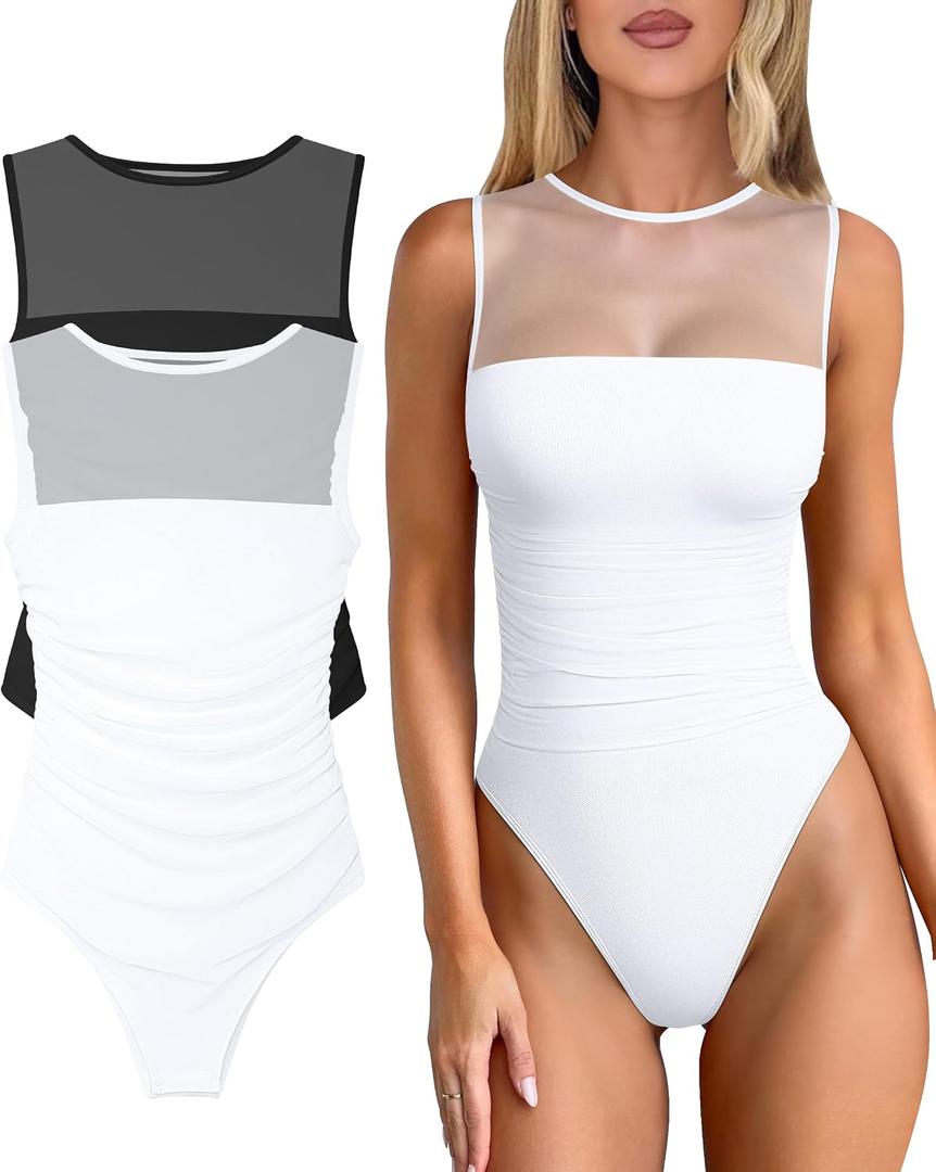 OQQ Women 2 Piece Bodysuit Mesh Ruched Sleeveless Turtle Neck Shapewear Body Suits One Piece Leotard Shirt Going Out Tops Small
