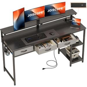 JOISCOPE Home Office Desk with Power Outlets (3AC, USB, Type-C), 60  20 Inch Computer Desk with 3 Drawers & Shelves, Laptop Table with Display Riser, Gaming Study Drafting Table for Bedroom, Black