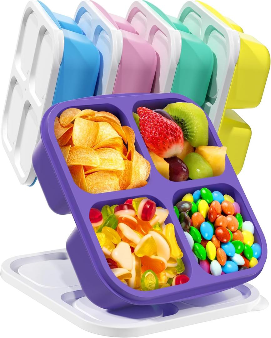 5 Pcs Bento Snack Containers, Reusable 4 Compartment Divided Food Storage Containers, Divided Lunchable Container for School, Work and Travel (5 Color) (White Lids)