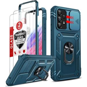 LeYi Compatible for Samsung Galaxy A53 5G Case: A53 5G Phone Case with Slide Camera Cover + [2 Pack] Tempered Glass Screen Protector, Full Body Shockproof Case with Kickstand for Galaxy A53 5G, Blue