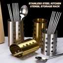 uxcell Kitchen Utensil Holder, 3.9x5.5 Stainless Steel Utensil Cutlery Holder Round Flatware Organizer with Drain Hole for Kitchen Restaurant Countertop Straw, Spoon, Chopstick, Silver