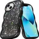 Micoden for iPhone 14/iPhone 13 Case, Cute Bling Glitter Sparkly for Women Girls Slim Protective Durable Curly Wave Edge Plating Shockproof Camera Protection Phone Case for iPhone 14/13, Black
