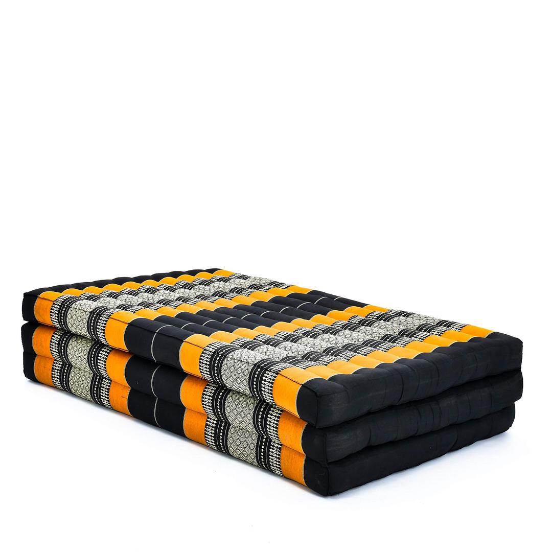 Leewadee Trifold Mattress XL Comfortable Thai Massage Pad, Foldable Relaxation Floor Mattress Filled with Kapok, Perfect to Use as a Sleeping Mat 79 x 39 inches, Black Orange
