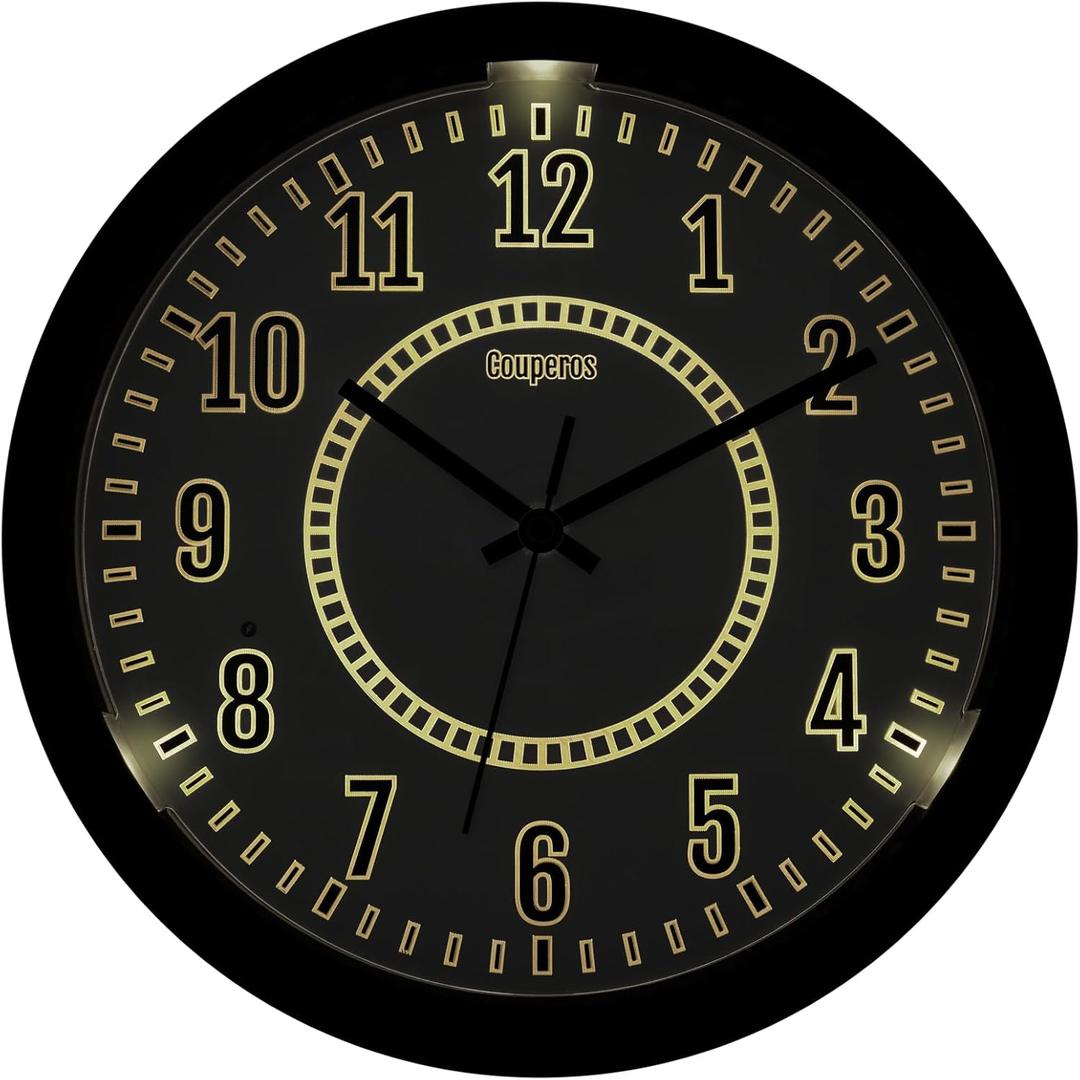 Night Light LED Wall Clock Glow in The Dark 12.8 Inch Silent Lighted up Adjustable Brightness Battery Operated Wall Clock for Living Room Kitchen Kid's&Elderly Room (Date)