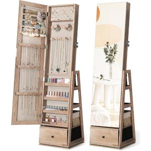 Nicetree 360Swivel Jewelry Cabinet, Rotatable Full Length Mirror with Jewelry Storage, Standing Jewelry Armoire Organizer, Lockable Jewelry Organizer with 3 Rear Shelves, Bottom Drawer, Oak