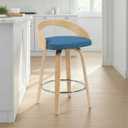 Sonia Modern Swivel Counter Height Bar Stool with Blue Upholstered Seat and Patterned Oak Wood Finish Set of 2, 26" Seat Height