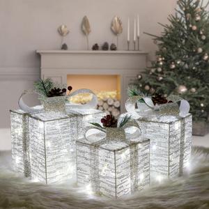 Set of 3 Christmas Lighted Gift Boxes, Pre-lit 60LED Light Up Present Boxes Ornament, Sliver Boxes with White Lights, Battery Operated Christmas Decorations for Indoor Home, Party, Lawn Decor