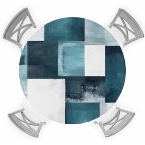 Teal Abstract Art Round Fitted Tablecloth Geometric Plaid Modern Graffiti Color Block Elastic Table Cloth Waterproof Oil Proof Table Cover Fits 45"-54" Round Tables for Party Picnic Dinner Decor (Bronze)