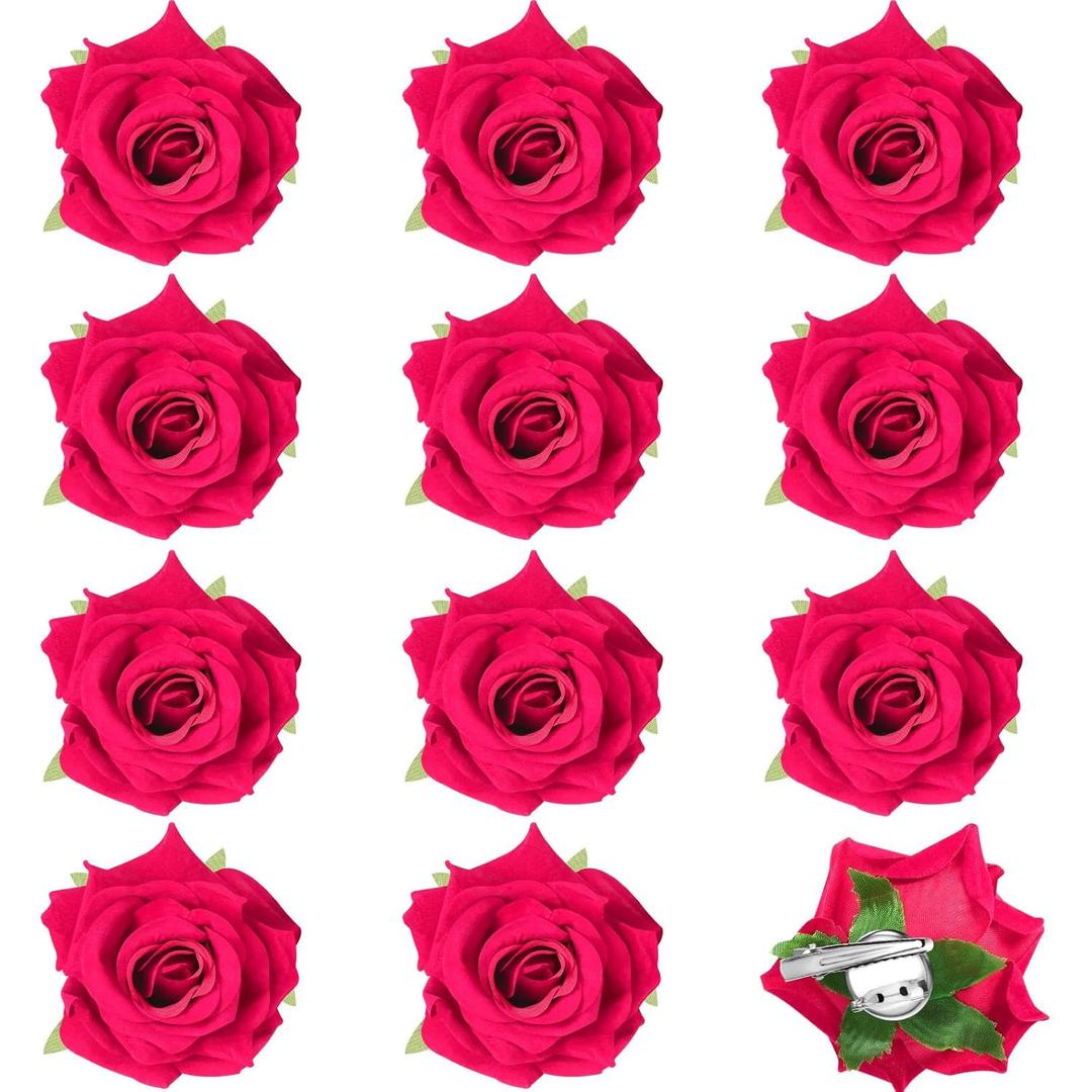 Yilloog 12 Pack Rose Hair Clip Flower 2.8'' Hairpin Floral Brooch Floral Hairclips Mexican Flowers Hairpin Party Supplies for Women Rose Hair Accessories Wedding Pack (Rose Red)