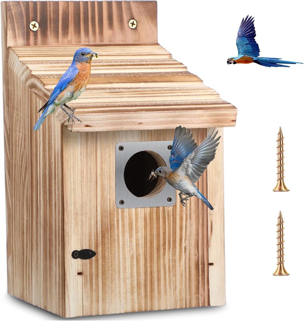 Dreyoo 1 Pack Cedar Bluebird Box Houses for Outside, 1-1/2 Entrance Hole Wooden Bird Houses with Metal Predator Guard, Secure Latch, Fledgling Grooves, Air Vents for Bluebird Wren Swallow Finch