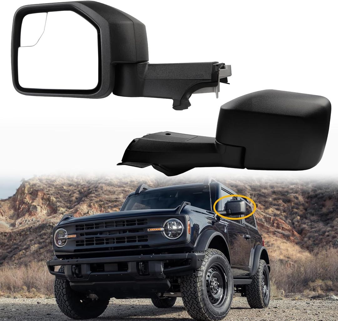 Dasbecan Driver Side Mirror Compatible With 2021-2024 Ford Bronco Left Mirror w/Temp sensor/Power Heated/Manual Folding/Blind Spot Glass/Black Texture Cover (7pins)