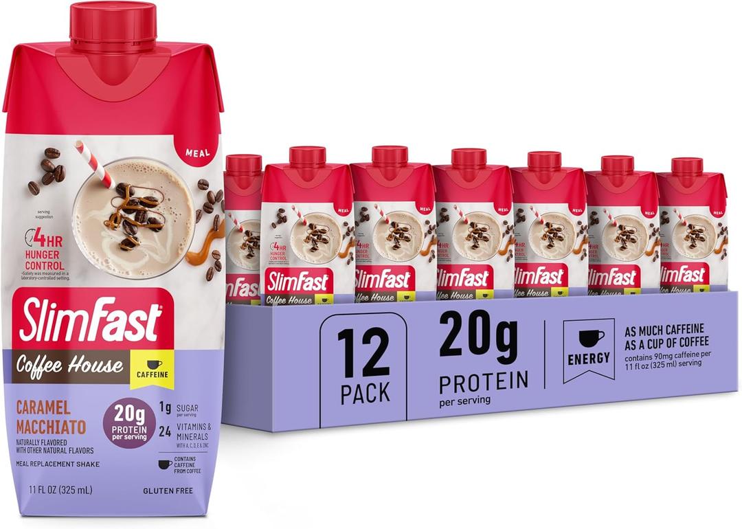 SlimFast Protein Shake with Caffeine, Caramel Macchiato- 20g Protein, Meal Replacement Shakes, High Protein with Low Carb and Low Sugar, 24 Vitamins and Minerals, 12 Count (Pack of 1) Best By: APR 29 25