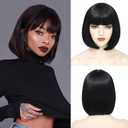 Black Bob Wigs For Women Short Black Bob Wig With Bangs Straight Bob Bangs Wig 10 Inch Natural Looking For Daily Party Use