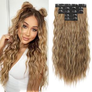 REECHO Clip in Hair Extensions, 5PCS Brown Hair Extensions 24" Thick Long Loose Waves hair extensions HE002 Invisible Lace Weft Natural Soft Hairpieces for Women  Light Brown with Blonde Highlights