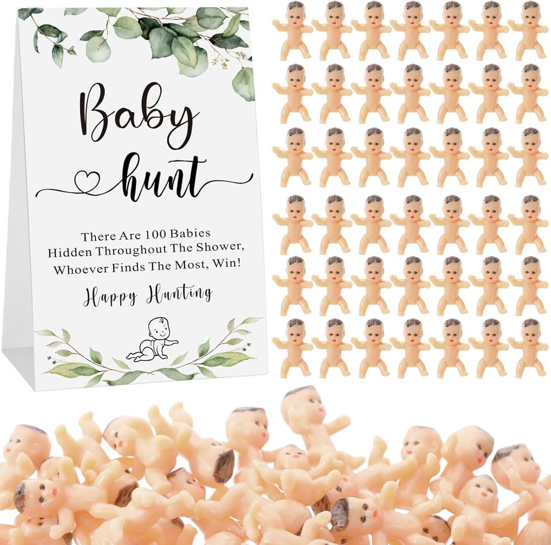 Gemscream 101 Pcs Baby Shower Game Set Include 1 Paperboard Hunt Sign 100 Mini Plastic Babies Tabletop Sign Tiny Babies Funny Baby Shower Prizes for Gender Reveal Party Favors (Green)
