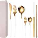 AARAINBOW 8 Pieces Stainless Steel Flatware Set Portable Reusable Cutlery Set Travel Utensils Set Including Chopsticks Knife Fork Spoon Straws Cleaning Brush Dishwasher Safe (White Golden)