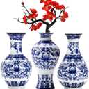 WUWEOT Set of 3 Small Blue & White Porcelain Vases, Petite Classic Oriental Bottle Vases, Decorative Chinoiserie Art Fambe Glaze Floral Bud for Home Decor and Events