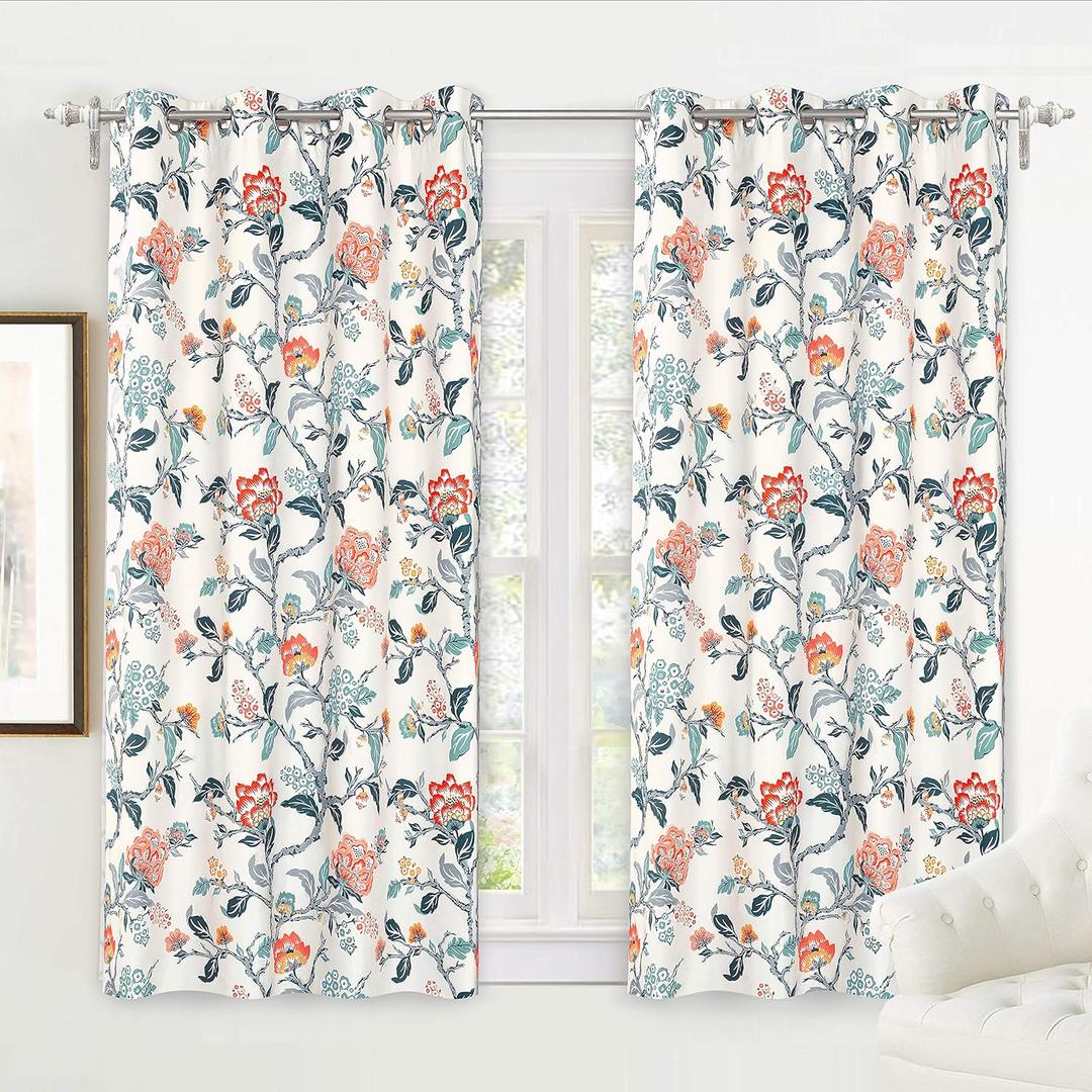 DriftAway Ada Floral Botanical Print Flower Leaf Lined Thermal Insulated Room Darkening Blackout Window Curtains 2 Layers Set of 2 Panels Each 52 Inch by 63 Inch Ivory Orange Teal