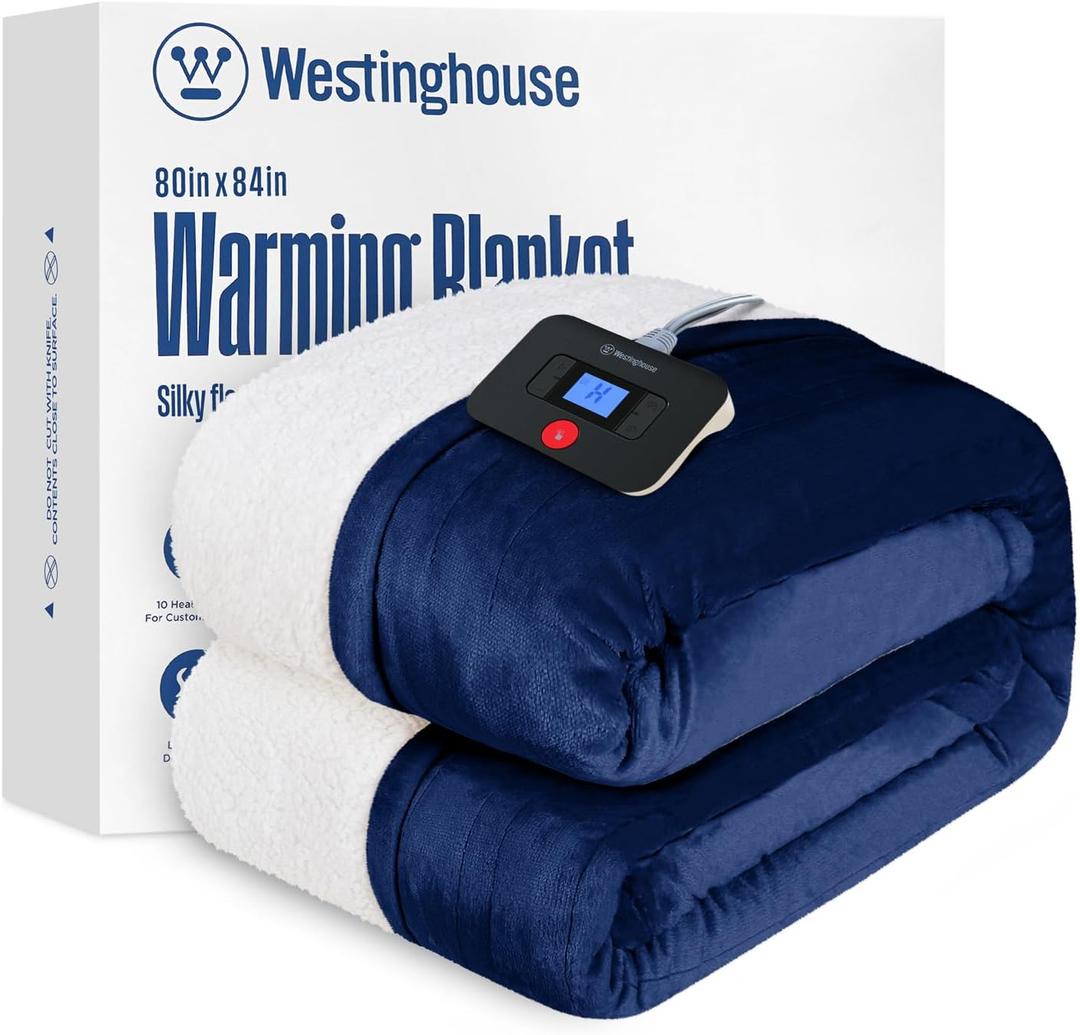 Westinghouse Electric Blanket Full, Heated Blanket Full Size with 10 Heating Levels and 1 to 12 Hours Heating Time Settings, Flannel to Sherpa Reversible, Machine Washable (80" x 84", Navy)