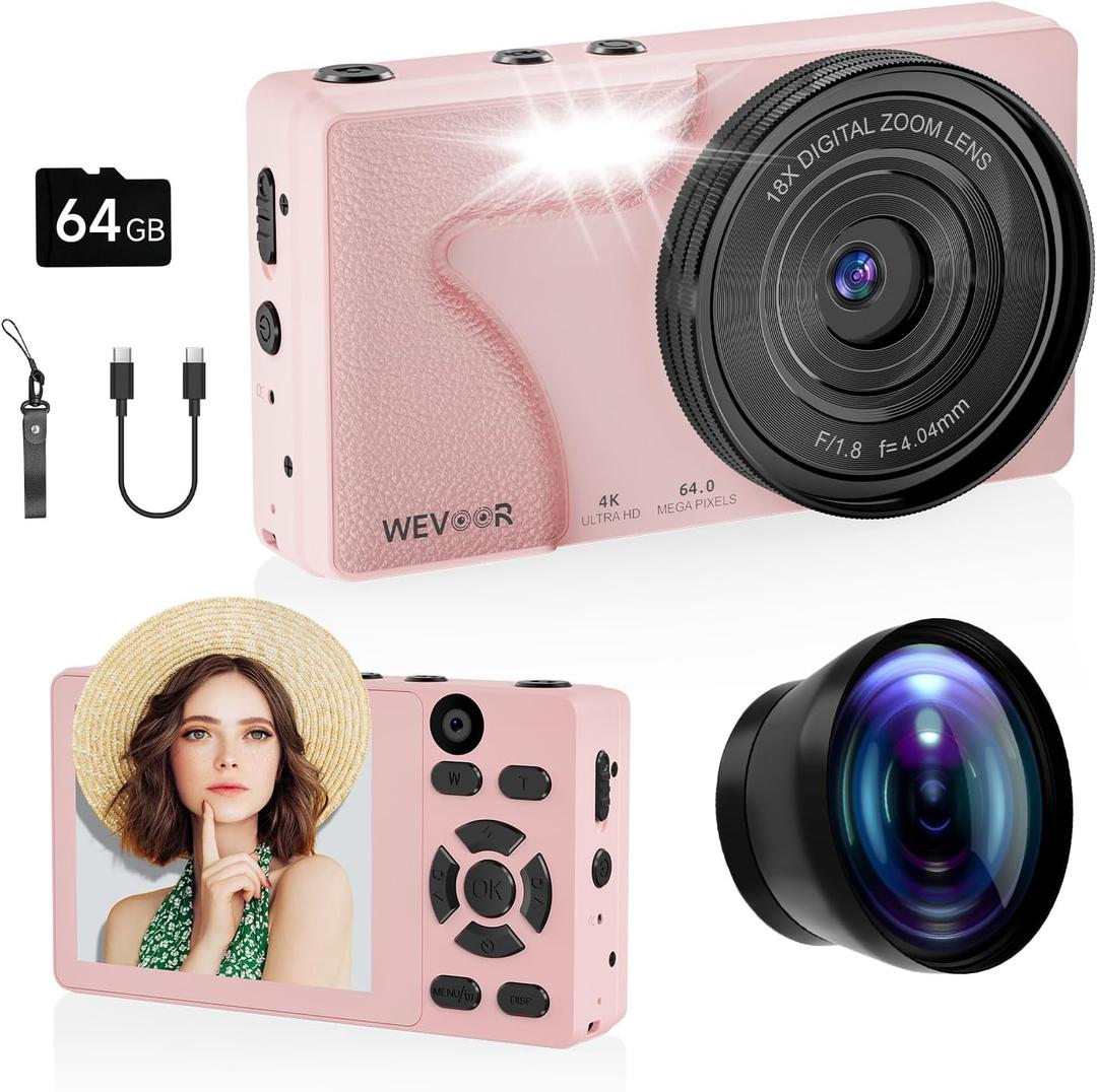 64MP 4K Vlogging Camera, 64GB Fast Autofocus Digital Camera with Dual Cam, Wide Lens, 2000mAh Battery and 18X Digital Zoom - Ideal for YouTube, Tiktok, Travel, Beginners Video Recording Creation