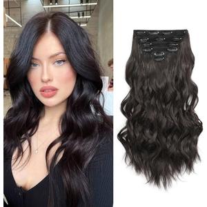 Fliace Clip in Hair Extensions, 6 PCS 1 6 Inch Hair Extensions Clip Ins, Dark Brown Long Wavy Hairpieces(16inch, 6pcs, Dark Brown)