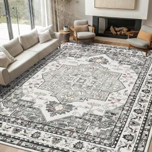 Findosom 8x10 Area Rugs for Living Room, Non-Slip Soft Washable Rug with Vintage Medallion Pattern, Low Pile Faux Wool Large Boho Rugs for Bedroom, Ding Room, Entryway and Home Decor, Grey Green
