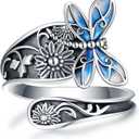 Turquoise Jewelry for Women - Sterling Silver Turquoise Rings Vintage Adjustable Sunflower Dragonfly Butterfly Spoon Ring Victorian Style Boho Antique Flower Thumb Statement Rings Jewelry Gifts for Women (Blue Gradient Dragonfly)