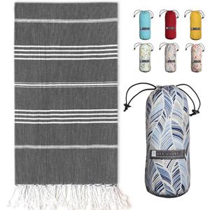 BAY LAUREL Turkish Beach Towel with Travel Bag 39 x 71 Quick Dry Sand Free Lightweight Large Oversized Towels Light (Black With Blue Floral Bag)